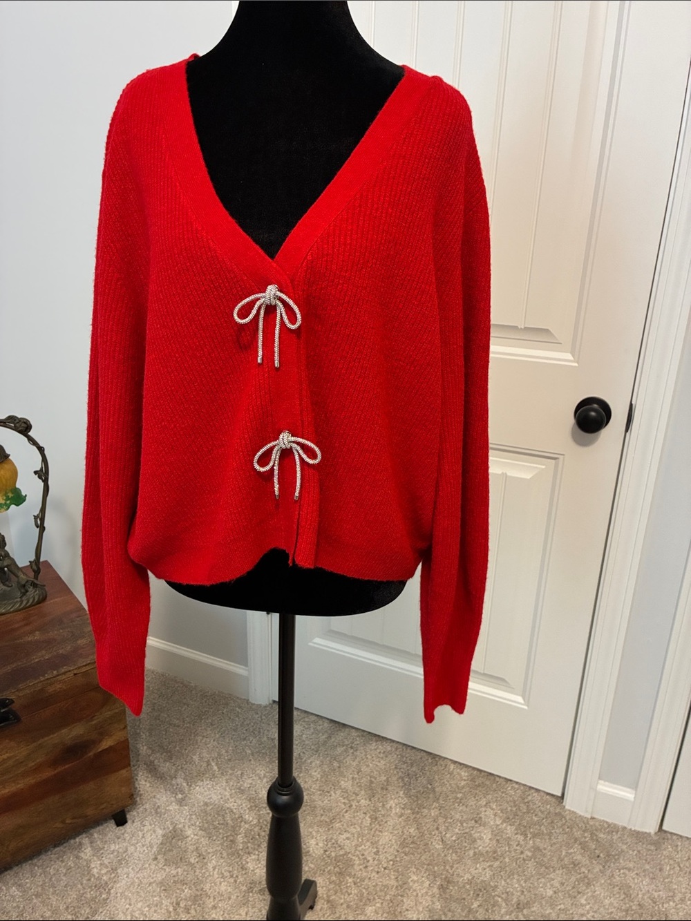 Red V-Neck Tie-Front Women's Cross Sweater by a loves a